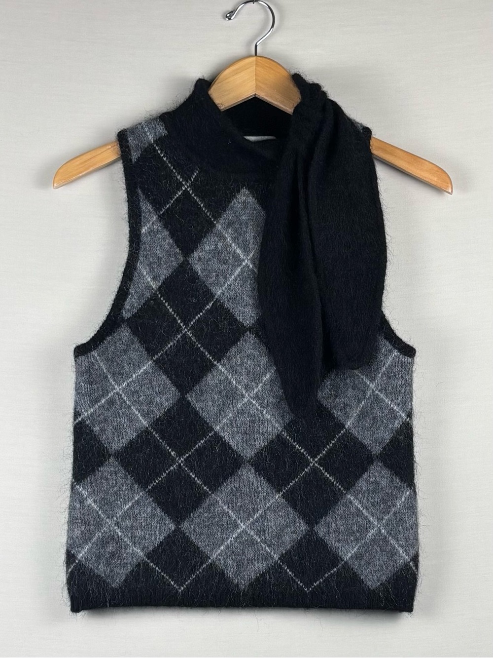 H&M Edition Mohair Wool Argyle Scarf Sweater Vest Black Gray Size S